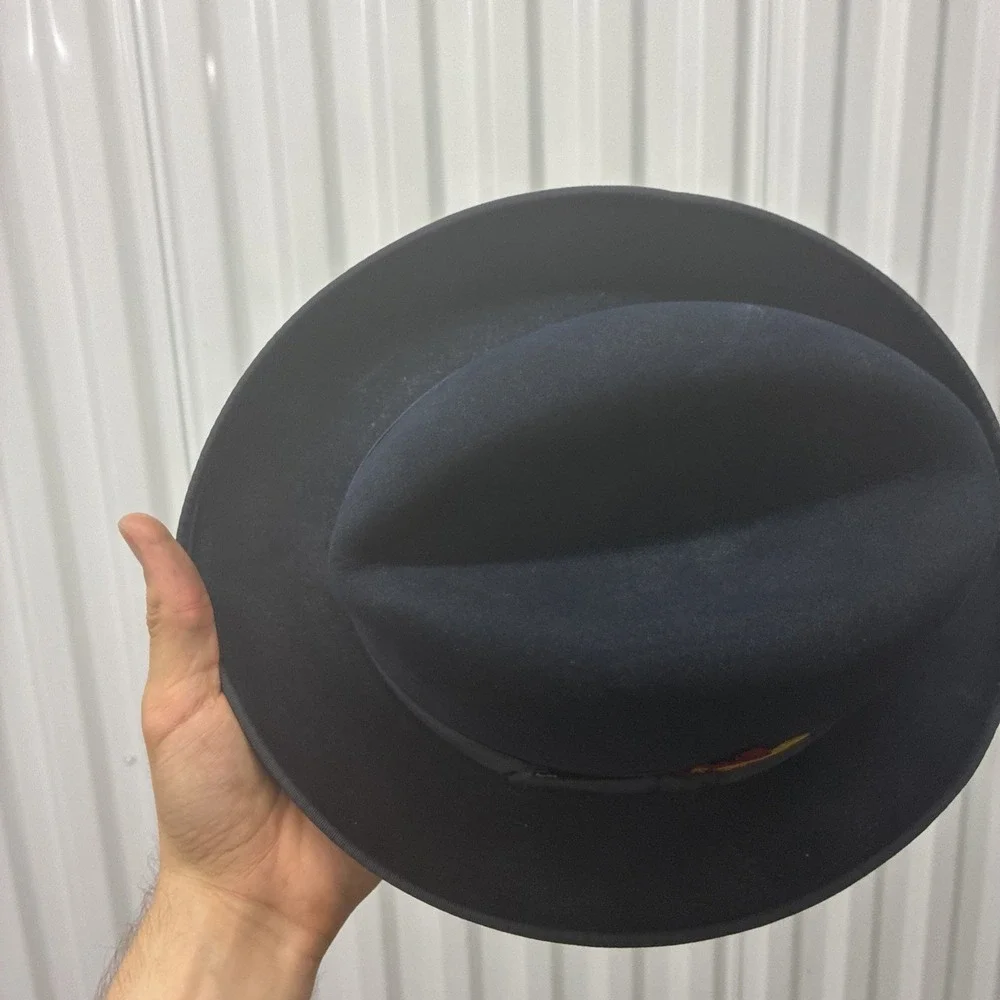 Vintage 1980s Barlesoni 7-1/8 Fur Felt Fedora Hat Deep Blue - Made In USA